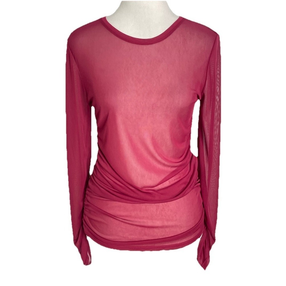 ZARA Sexy Sheer Ruched Sides Long Sleeve Mesh Top Burgundy Red Medium